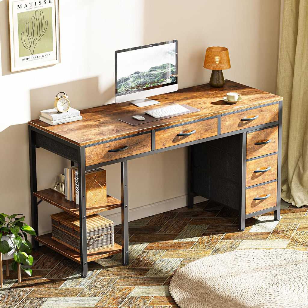 Huuger Computer Desk with 6 Drawers, Office Desk with Shelves, Reversible Gaming Desk, Corner Desk with Storage, Work for Home Office, Study, Living Room, 47inch, Rustic Brown