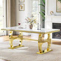 69" Faux Marble Dining Table for 6, Modern Rectangular Kitchen Table with Gold Mirrored Stainless Steel Double H-Shape Base, Luxury Dining Table for Living Room, Home Office