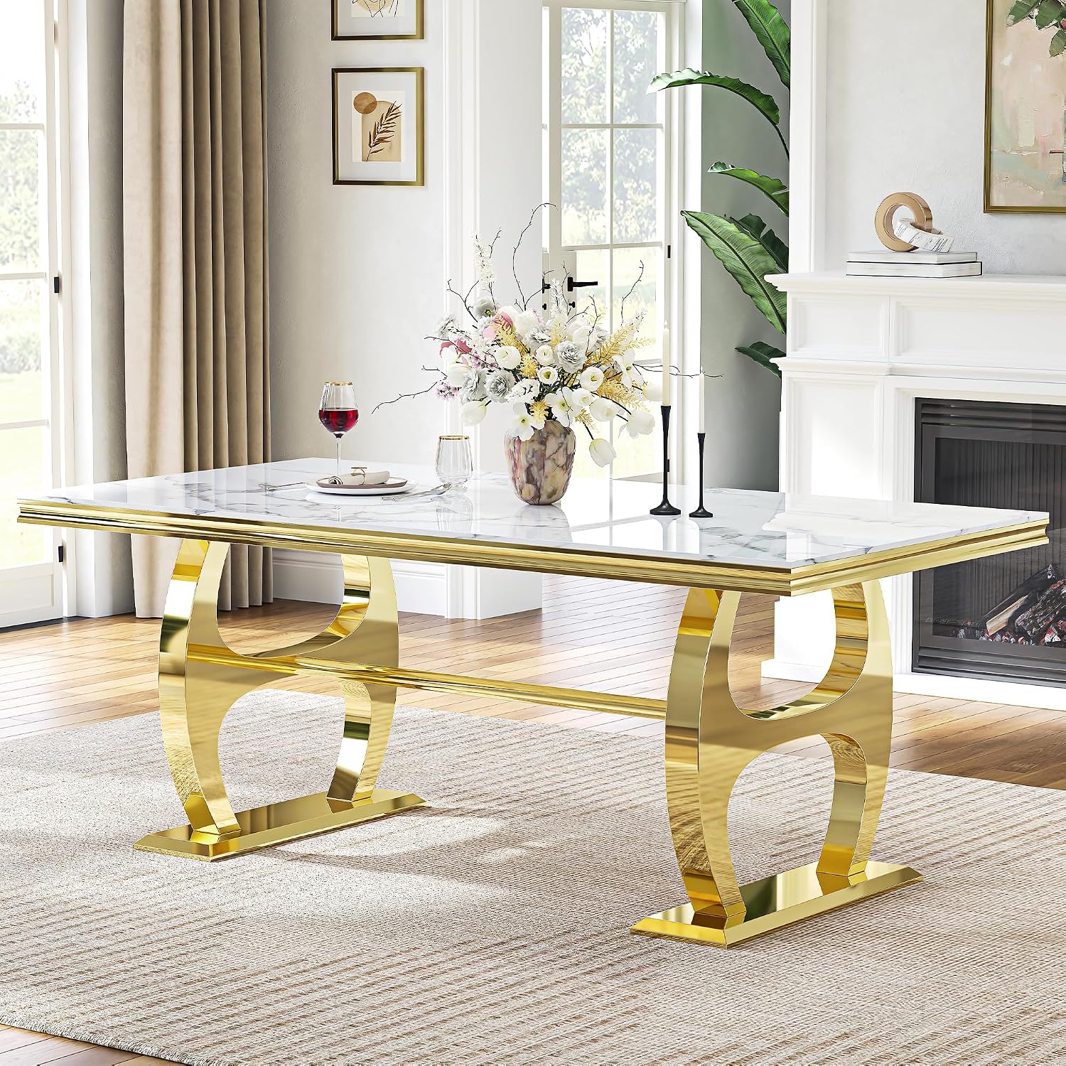 69" Faux Marble Dining Table for 6, Modern Rectangular Kitchen Table with Gold Mirrored Stainless Steel Double H-Shape Base, Luxury Dining Table for Living Room, Home Office