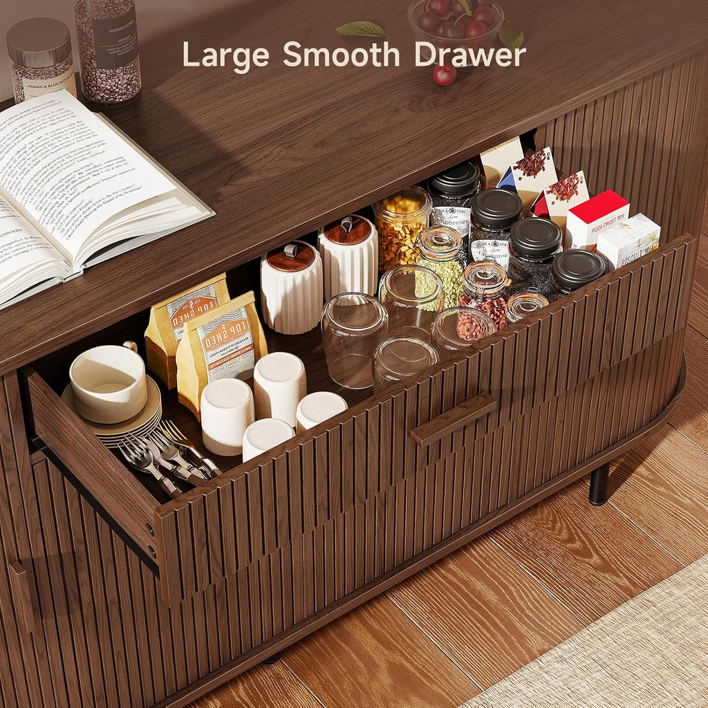 ONBRILL 63“ Sideboard Buffet Cabinet with Storage, Sideboard with 1 Drawer & 2 Door Shelves, Mid-Century Modern Kitchen Cabinets with Sliding Door, Coffee Bar Cabinet for Kitchen, Living Room, Walnut