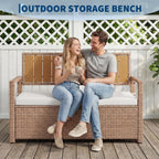 Litake Outdoor PE Rattan Storage Bench with Cushion – Iron & Plastic Wood Frame, Waterproof Fabric Seat – for Patio, Garden, Porch – Yellow or Dark Brown Rattan