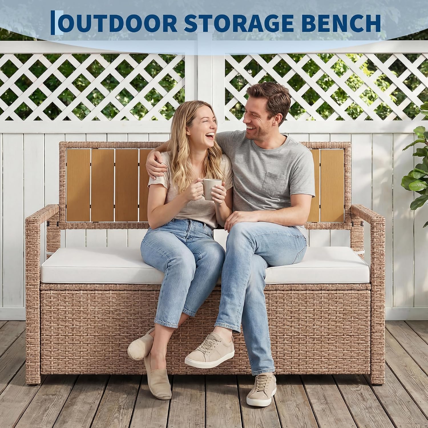 Litake Outdoor PE Rattan Storage Bench with Cushion – Iron & Plastic Wood Frame, Waterproof Fabric Seat – for Patio, Garden, Porch – Yellow or Dark Brown Rattan