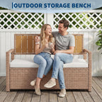 Outdoor Storage Bench with Cushion, 2-Person All-Weather PE Rattan Patio Bench with Backrest & Armrests, Waterproof Wicker Deck Box Seat for Garden, Porch, Poolside & Backyard, Metal Frame，Yellow