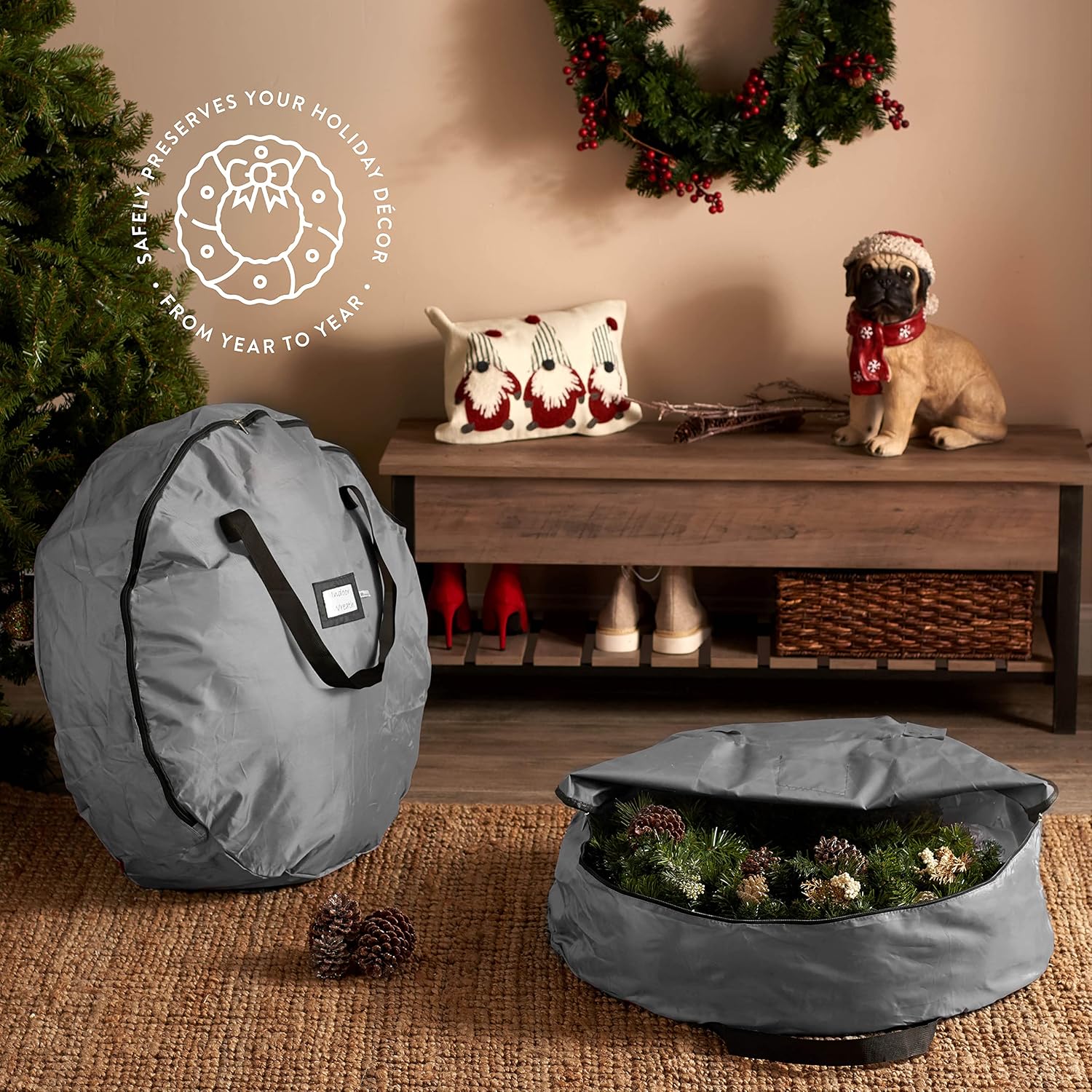 ZOBER 2 Pack Oxford Christmas Wreath Storage Container 48 Inch - Wreath Bag for Artificial Wreaths Box - Waterproof Fabric, Dual Zippered Wreaths Storage Bag With Strong Durable Handles - Gray