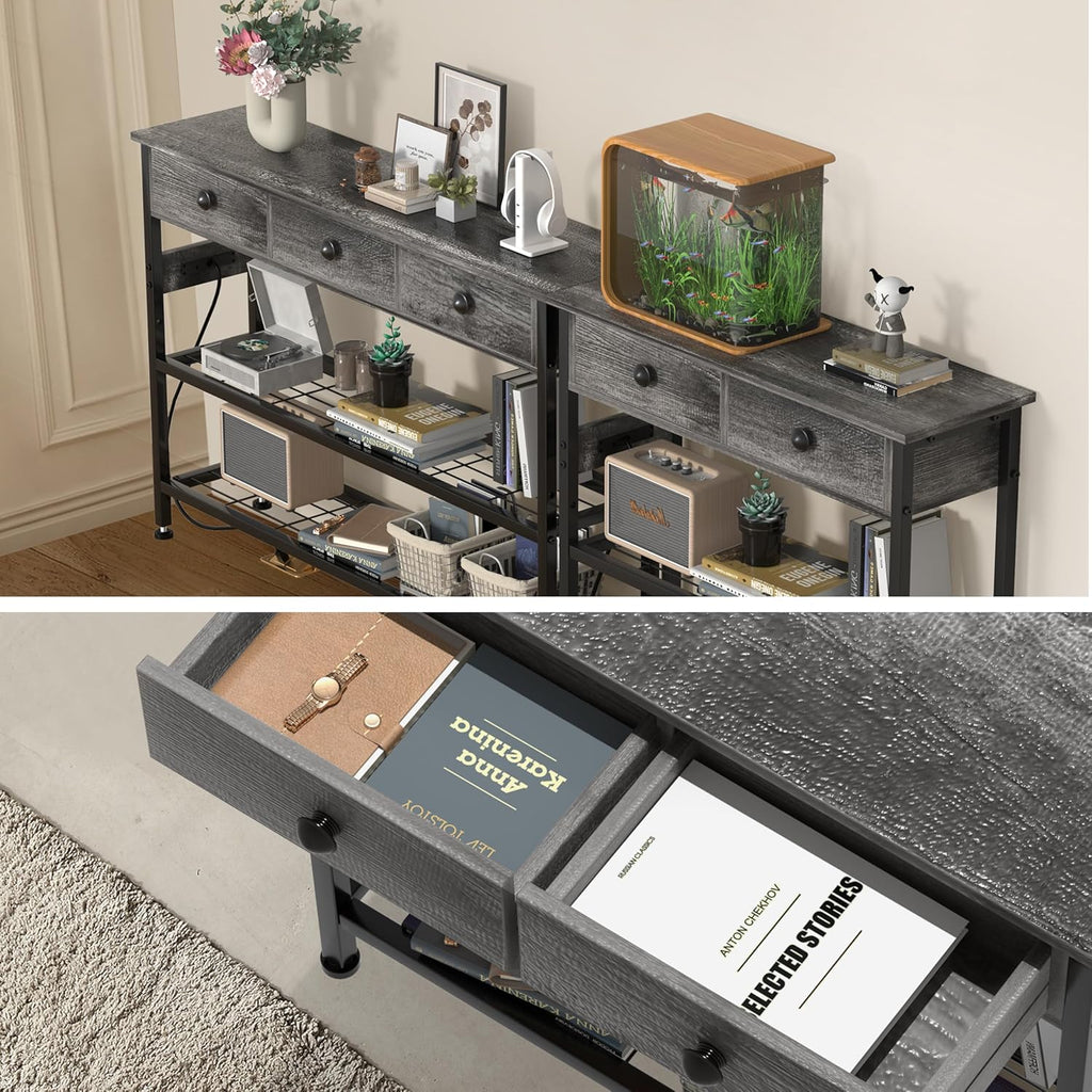 32" Narrow Console/Entryway Table with Storage & 2 Drawers & Outlets, for Sofa & Living Room, Hallway/Foyer/Couch/TV/ Aquarium Stand Table for Entryway with USB Ports, LED Light Strip,Perfect for Home
