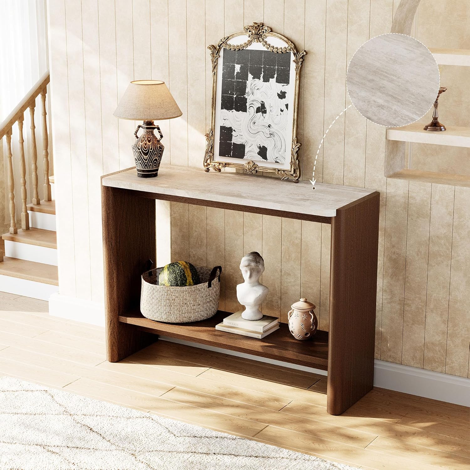 COSIEST 43.3" Farmhouse Console Table for Entryway, 2-Tier Sofa Table with Faux Stone Grain Top, Slim Accent Table for Hallway, Behind Couch, or Living Room, Brown Wood Look