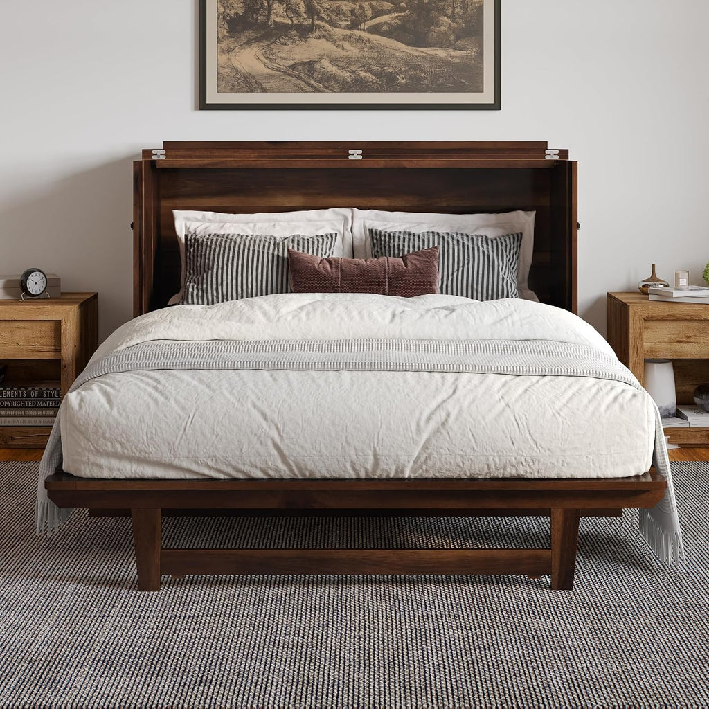 AFI, Alpine Queen Wood Murphy Bed Chest with 6" Mattress, Storage Drawer & Built-in USB Charger, Barnwood