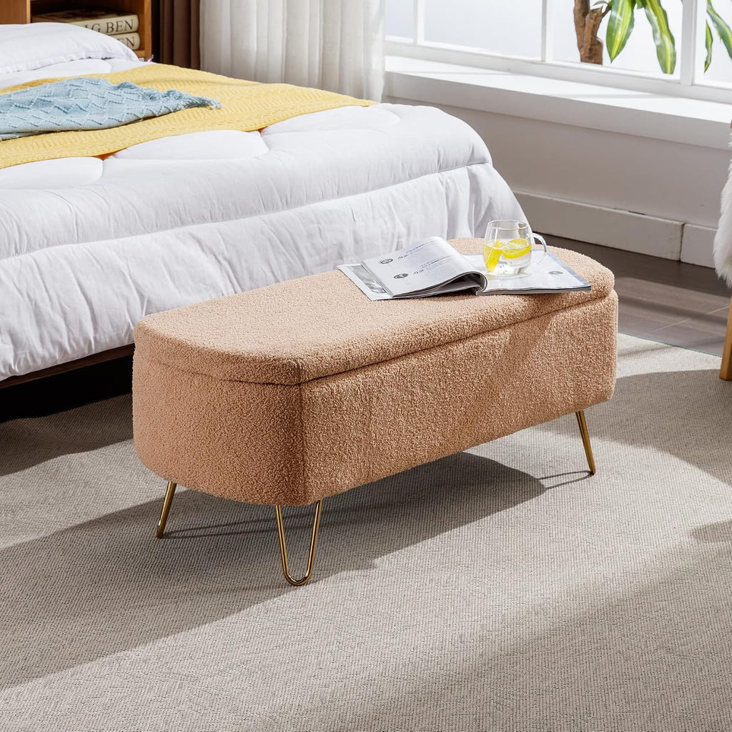Storage Ottoman Bench for End of Bed Gold Legs, Modern Faux Fur Entryway Bench Upholstered Padded with Storage for Living Room Bedroom (Camel)