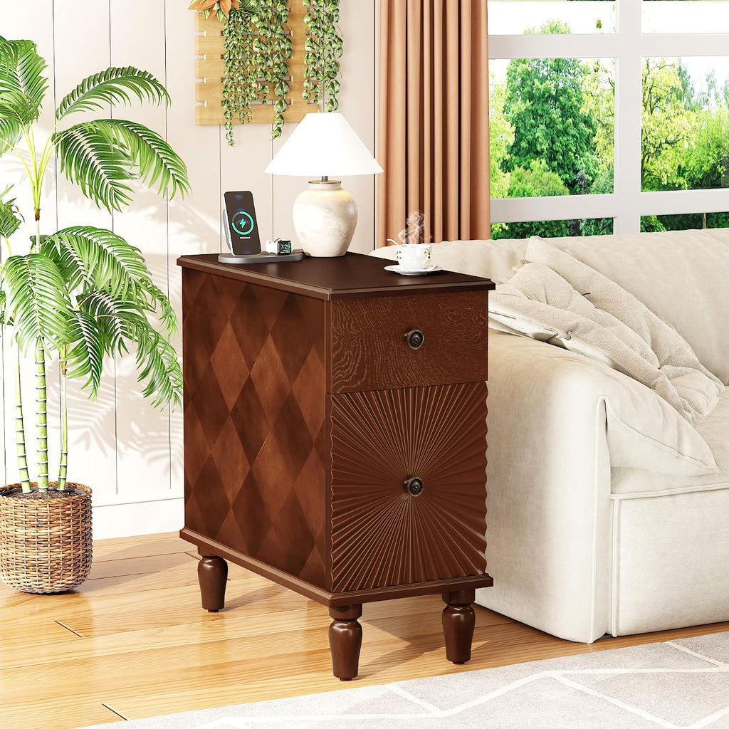 Mid Century Modern Narrow End Table with Charging Station, Skinny Side Table for Living Room, Slim Nightstand Bedside Table with Storage Drawers Sofa Side Table for Small Spaces Bedroom