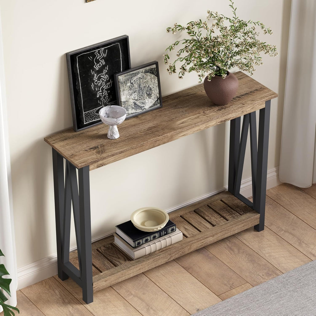 ChooChoo Farmhouse Console Table, Narrow Sofa Table for Entryway, 40 Inch | Rustic Entryway Table for Living Room, Hallway, Rustic Oak & Black