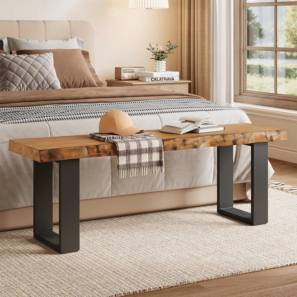 47" Solid Wood Entryway Bench, Industrial Wooden Shoe Bench with Metal Legs, Narrow Long End of Bed Bench for Bedroom, Living Room, Small Space, Easy Assembly