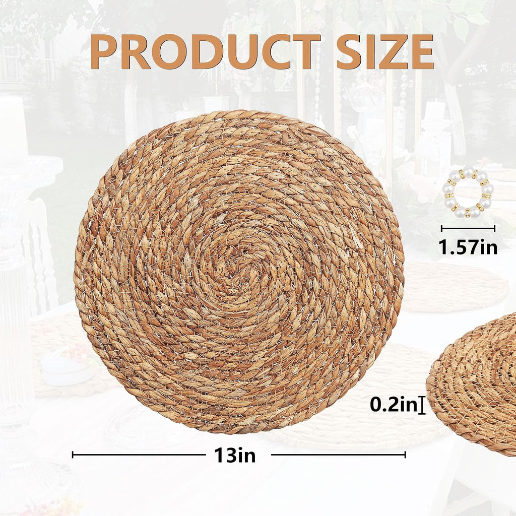 Alijoy 13 Inch Round Woven Placemats Set of 10 with Pearl Napkin Rings - Rattan Chargers for Dinner Plates, Natural Water Hyacinth Wicker Placemats, Rustic Placemat Boho Farmhouse Dining Table Deco