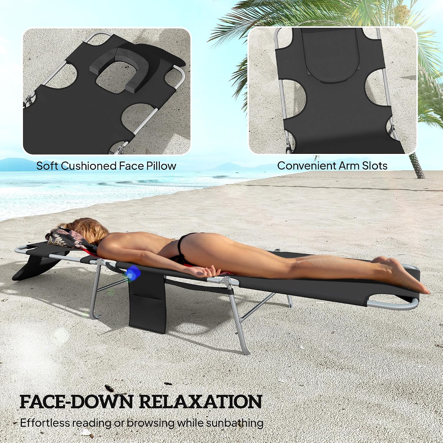 Outsunny Chaise Lounge Chair Outdoor Set of 2 with Face Arm Hole, 5-Position Reclining Face Down Tanning Chair with Carry Strap, Side Pocket, Portable Folding Bed Cot for Patio Beach Pool, Black