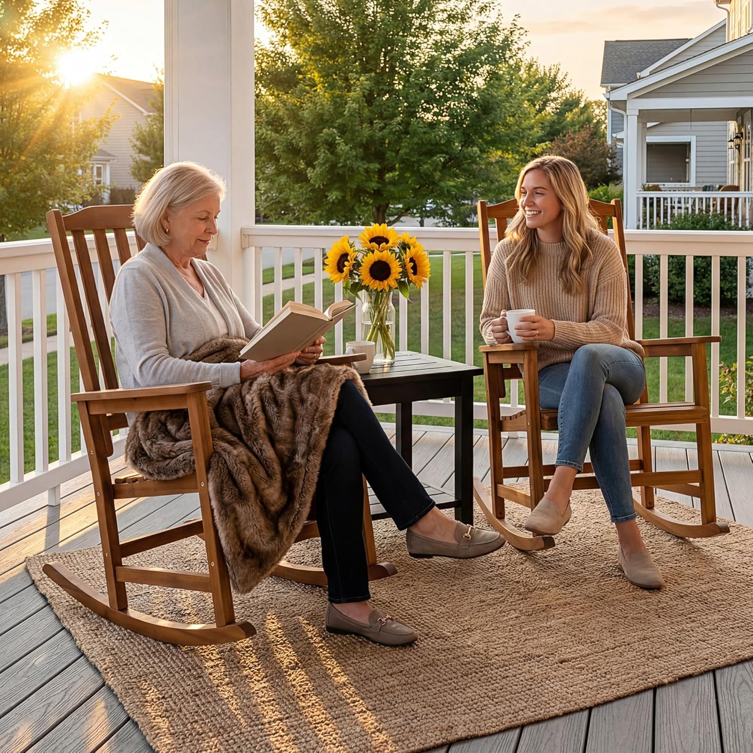 Devoko Outdoor Rocking Chair Acacia Wood Porch Rocking Chairs, Outdoor Chairs with Widened Armrest for Porch, Poolside, Balcony and Yard, Natural (2-Piece Chairs Set)