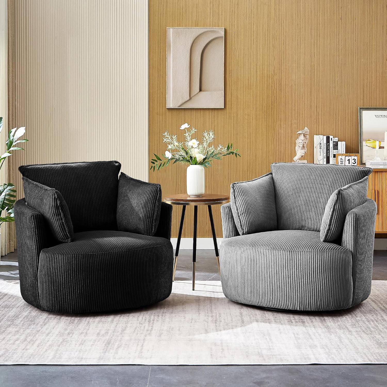 Swivel Accent Chair Round Barrel Armchair Upholstered Living Room Chair Corduroy Reading Chair Single Sofa Chair for Bedroom Apartment Office (Grey, Standard 1Seater)
