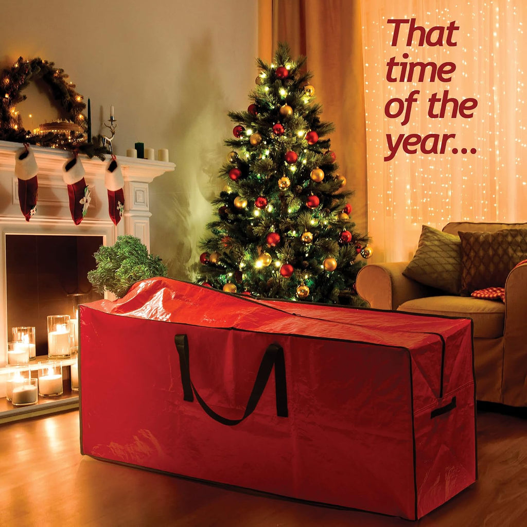 Sagler 9 ft Christmas Tree Storage Bag - Waterproof, Heavy-Duty, Large Christmas Tree Bag - Reinforced Handles, Dual Zipper, Label & Side Pocket - Protection From Dust, Water - Red, 50x15x20"