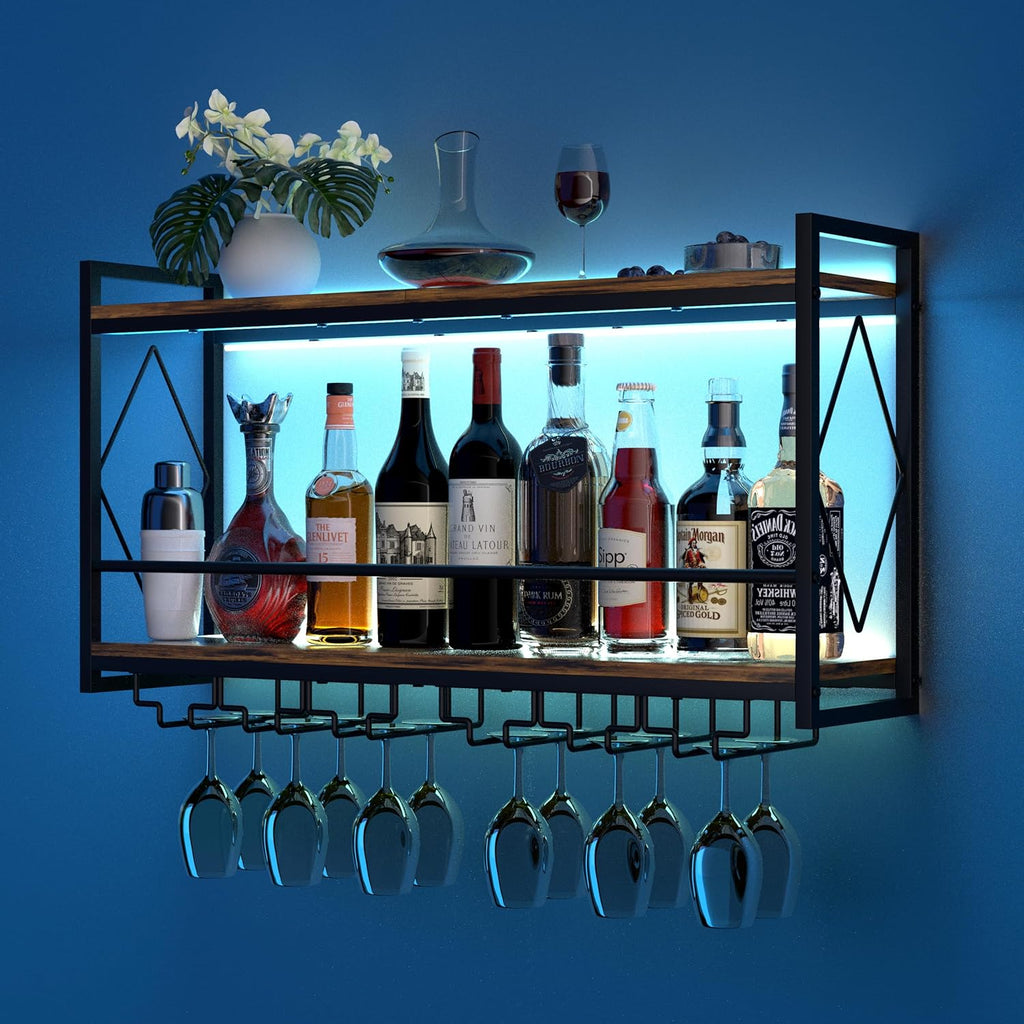 Wall Mounted Wine Rack with LED Light, 31.5" Bar Liquor Shelves with Glass Holder, Metal Hanging Bar Shelves Wine Storage Rack Display for Kitchen Home Bar Dining Room Living Room