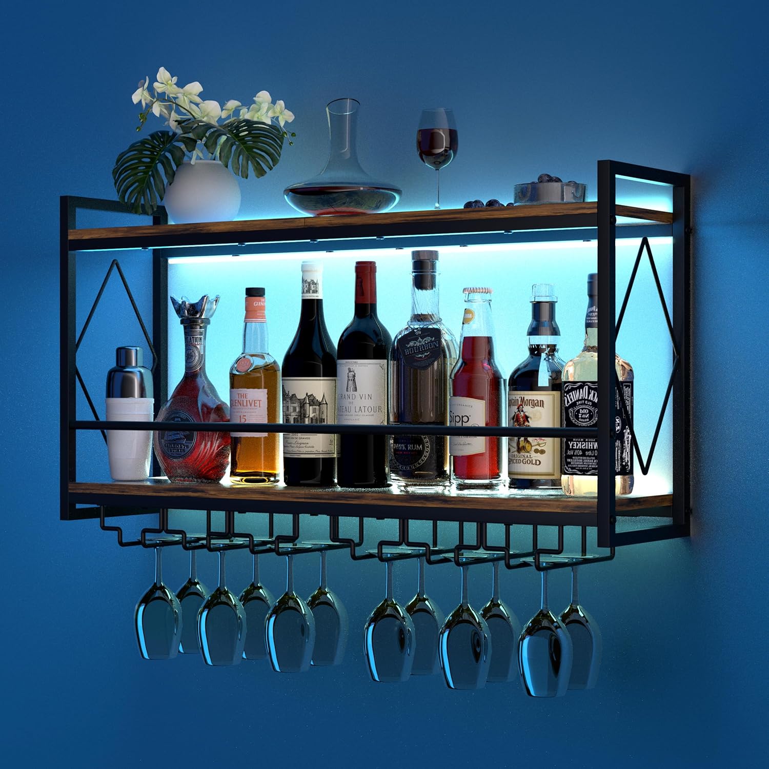 Wall Mounted Wine Rack with LED Light, 31.5" Bar Liquor Shelves with Glass Holder, Metal Hanging Bar Shelves Wine Storage Rack Display for Kitchen Home Bar Dining Room Living Room