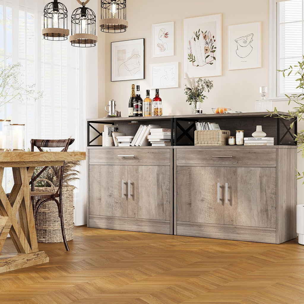 Vongrasig Farmhouse Coffee Bar Cabinet, Modern Sideboard Buffet Table with Adjustable Shelf, Storage Cabinet for Kitchen, Dining Room, Ash Grey