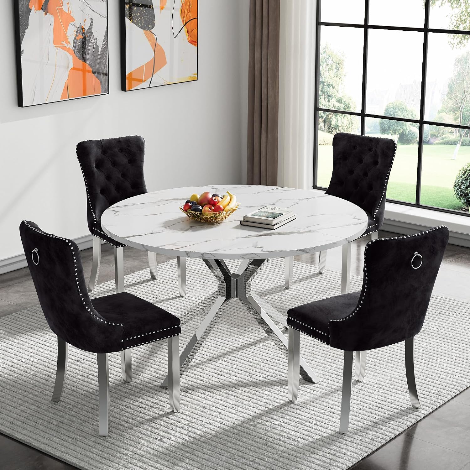 47.2" Round Dining Table Set for 4, White Faux Marble Kitchen Table & 4 Black Velvet Chairs with Silver Stainless Steel Legs, Luxury 5 Piece Round Dining Room Table Set for Kitchen Dining