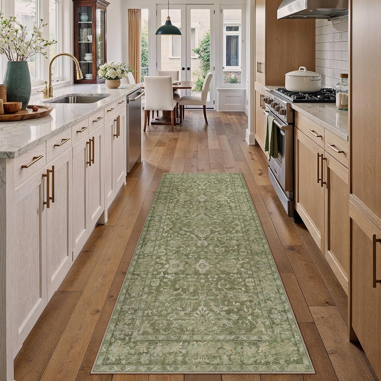 HUGEAR 2x6 Washable Vintage Runner Rug Green Neutral Distressed Low Pile Non Slip Soft Long Area Carpet Indoor Hallway Throw Rug for Entrance Kitchen Bathroom Laundry Living Room