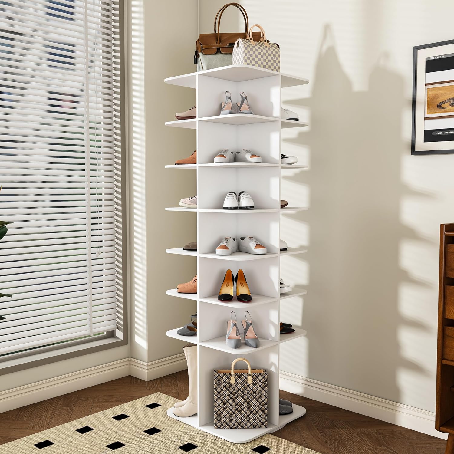 Rotating Shoe Rack Tower, Spinning Shoe Rack, Free Standing 360° Revolving Shoe Organizer, High Bottom Design Shoe Tower Spinning Storage Lazy Susany (7-Tier)