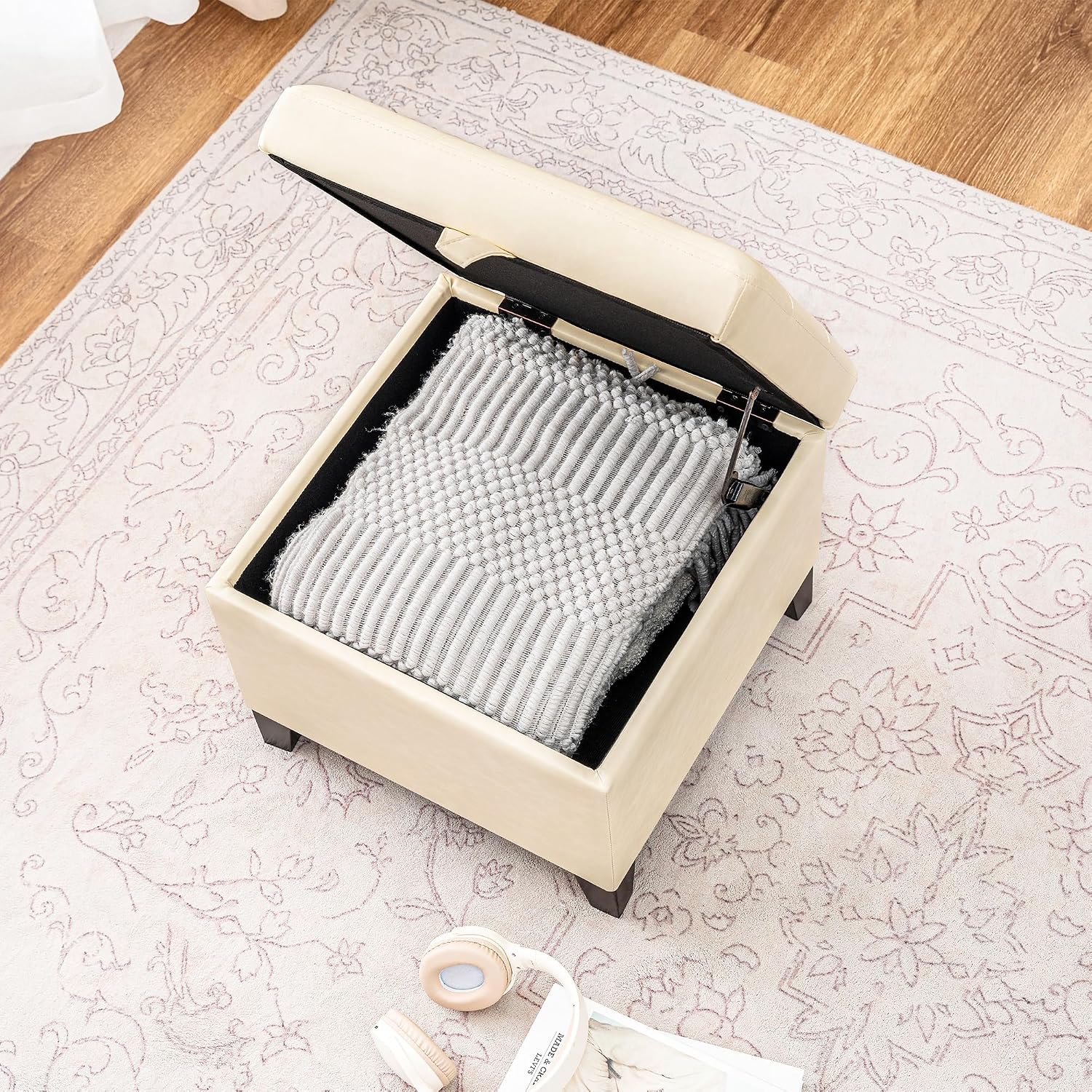 Asense 17 Inch Storage Ottoman Foot Rest,Square Faux Leather Foot Stool,Small Ottoman with Storage,Padded Seat for Entryway,Living Room,Bedroom,Couch,Under Desk,Beige
