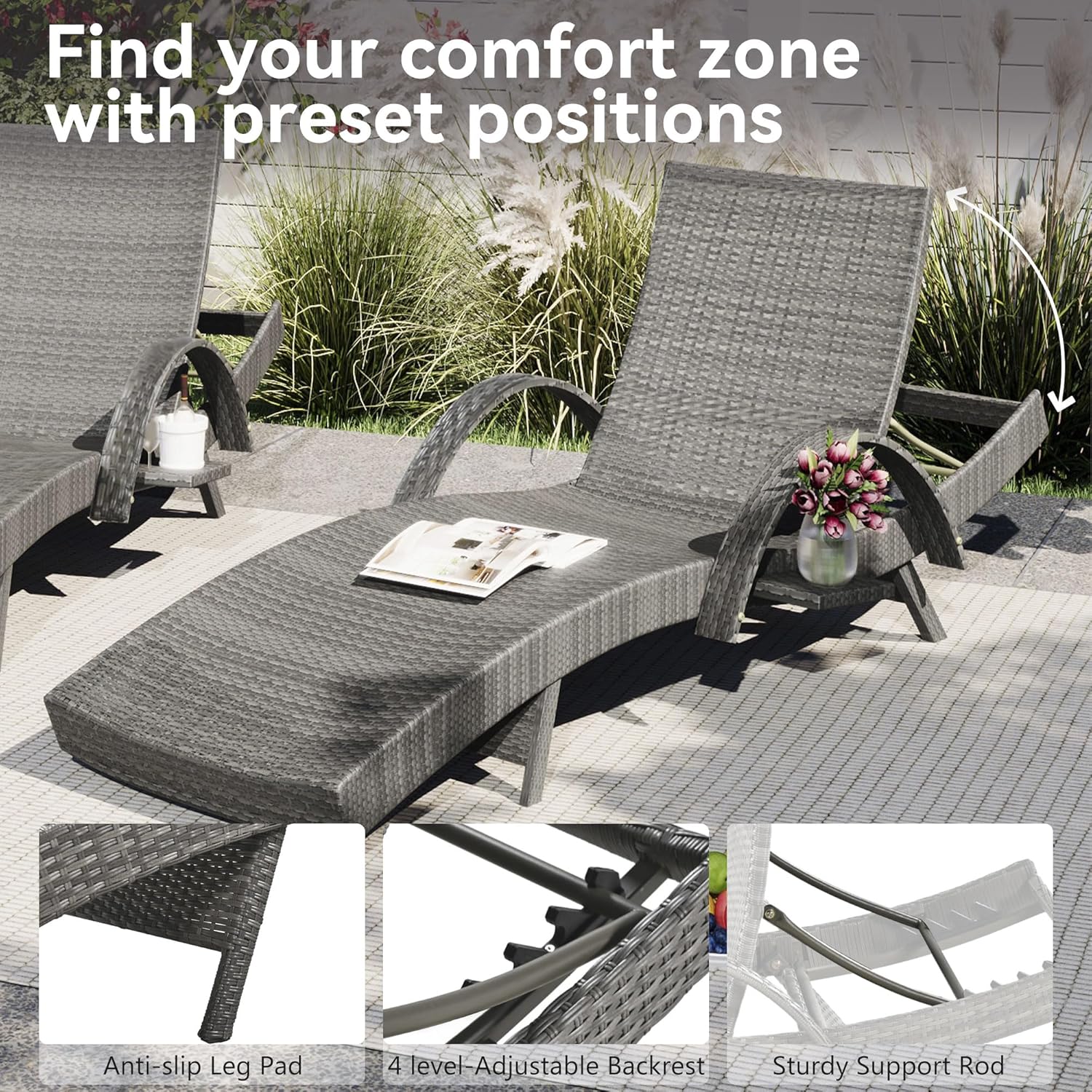OVENTA Outdoor Wicker Patio Chaise Lounge Chair Set of 2, Gray Rattan Pool Furniture Lounger for Outside Poolside Lounges, Jumbo Co Chaise Lounge Chairs, Wicker Patio Pool Furniture