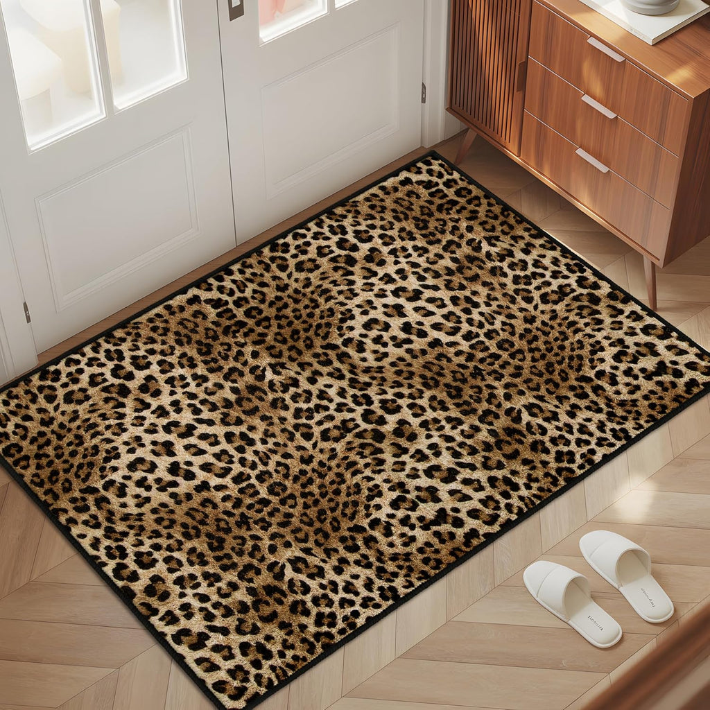 Cheetah Print Entryway Rug 2x3 Area Rug Deep Brown Animal Leopard Thin Door Mat Non Slip Washable Small Floor Mat Carpet for Entrance Porch Indoor Outdoor (Deep Brown, 2'x3')