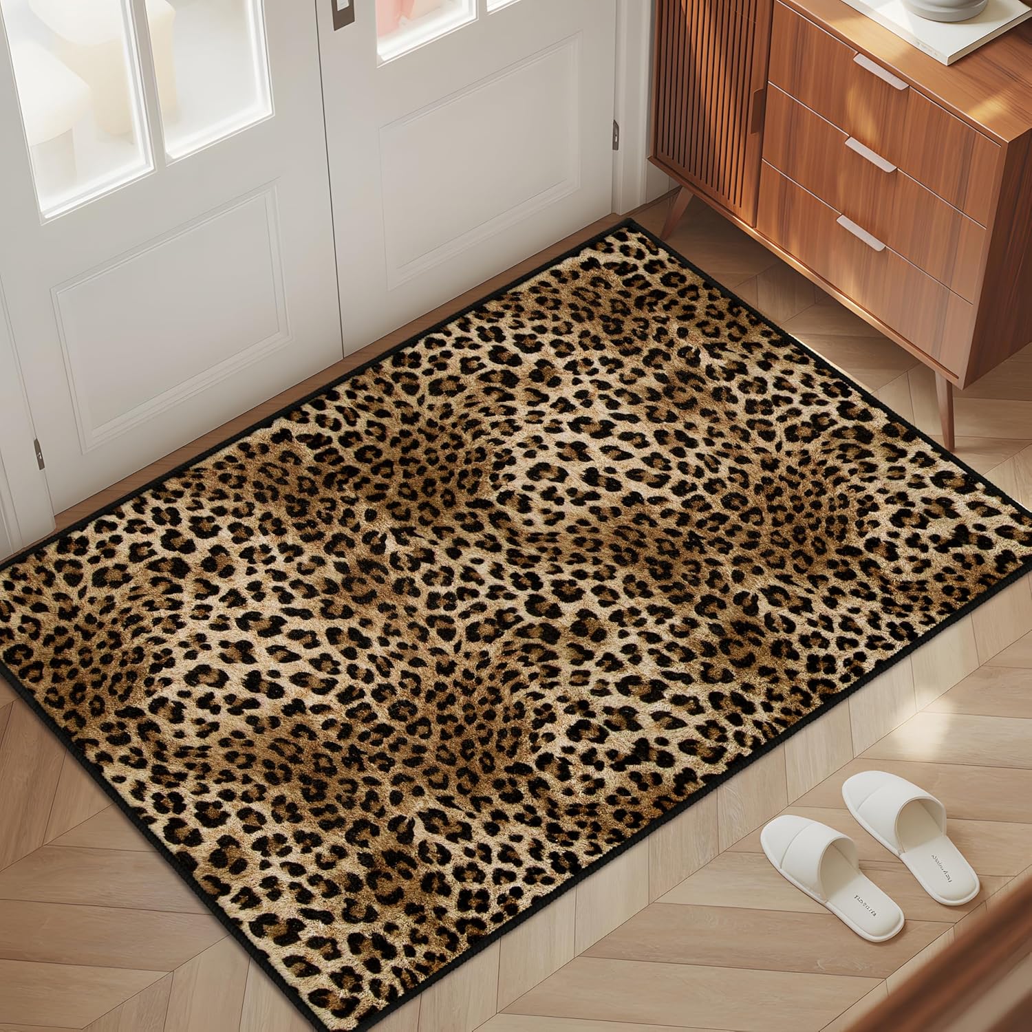 Cheetah Print Entryway Rug 2x3 Area Rug Deep Brown Animal Leopard Thin Door Mat Non Slip Washable Small Floor Mat Carpet for Entrance Porch Indoor Outdoor (Deep Brown, 2'x3')