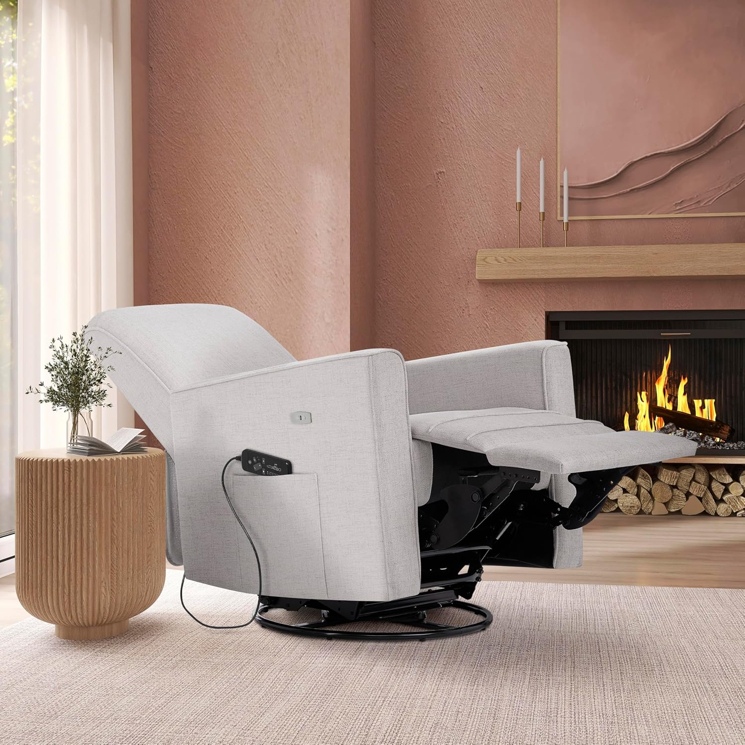 Evolur Harlow Deluxe Upholstered Plush Seating Glide Rocker, Swivel, Power Recliner USB Port with in-Built Massager, Greenguard Gold Certified, Glider Chair for Nursery in Fog Grey