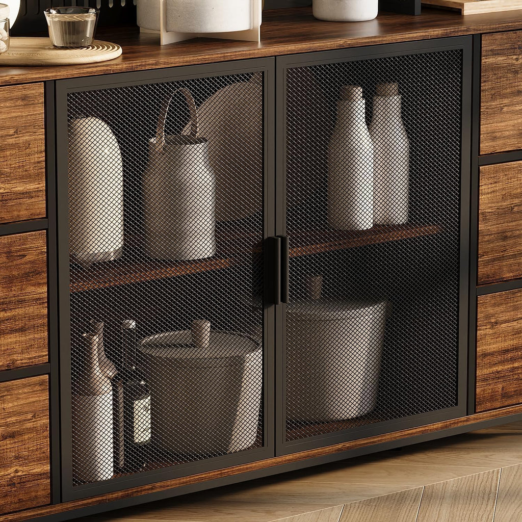WOODTIME 70.9" W Kitchen Pantry Cabinet with Hutch, Pegboard & Microwave Stand, Large Cupboard Storage Cabinet with 6 Drawers, 4 Metal Mesh Doors & Open Shelves for Kitchen Dining Room, Black & Brown