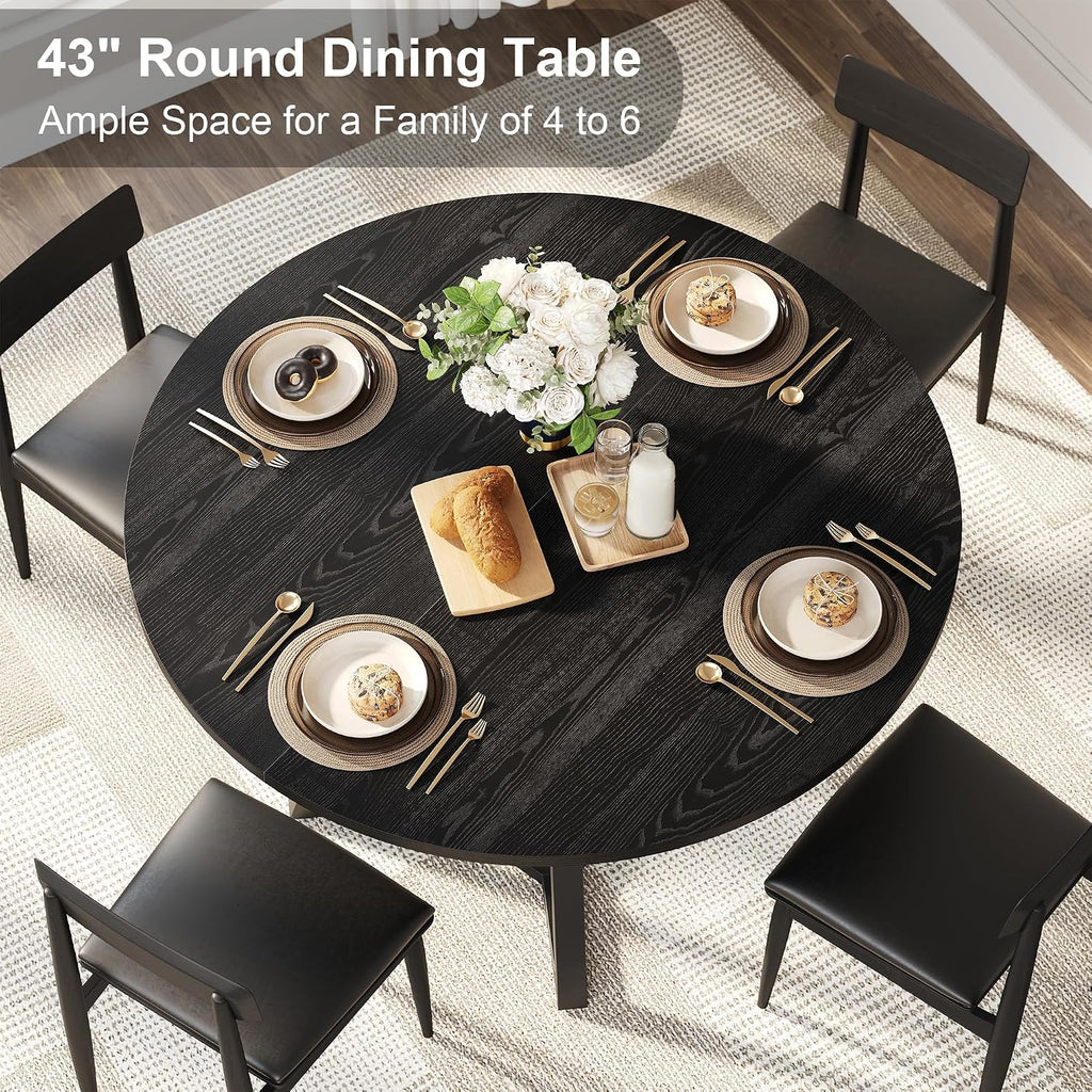 knoworld Round Dining Table for 4, Kitchen Tables Dining Room Circle Dinner Table with Pedestal Metal Frame, Space Saving Wood Industrial Kitchen & Dining Room Tables, Black 43In