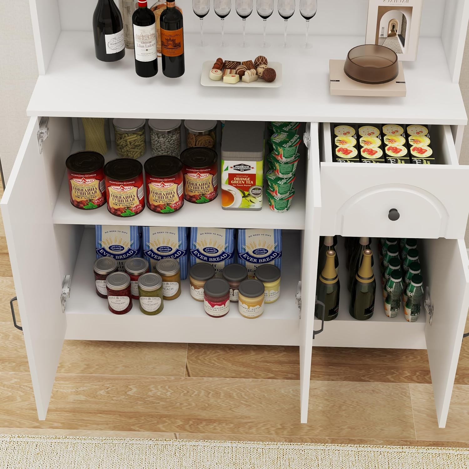 71" Pantry Cabinet,Freestanding Tall Cupboard Storage Cabinet with a Drawer,Tall Kitchen Pantry Storage Cabinet with Microwave Stand for Living Room, Dining Room,White