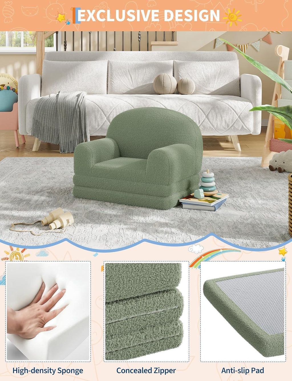 GAOMON Kids Sofa Chair, Sherpa Convertible Toddler Couch with Washable Cover, Crown Design Comfy Children's Reading Chair, Fold Out Sofa Bed for Playroom, Nursery, Girls & Boys (Half Round)
