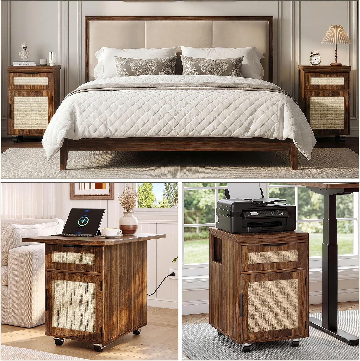 iPormis End Table with Charging Station, 15.7''-31.5'' Narrow Folding Side Table with Flip Top & Drawer, Wooden Sofa Couch Table with Storage Cabinet & Wheels, for Small Spaces Living Room, Walnut