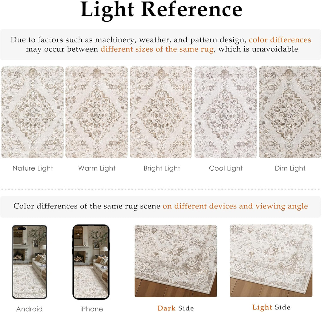 PureCozy Beige 8x10 Washable Area Rug for Living Room Neutral Vintage Floral Medallion Soft Large Rugs Low Pile Non Slip Distressed Indoor Office Carpet for Bedroom Dining Room Nursery