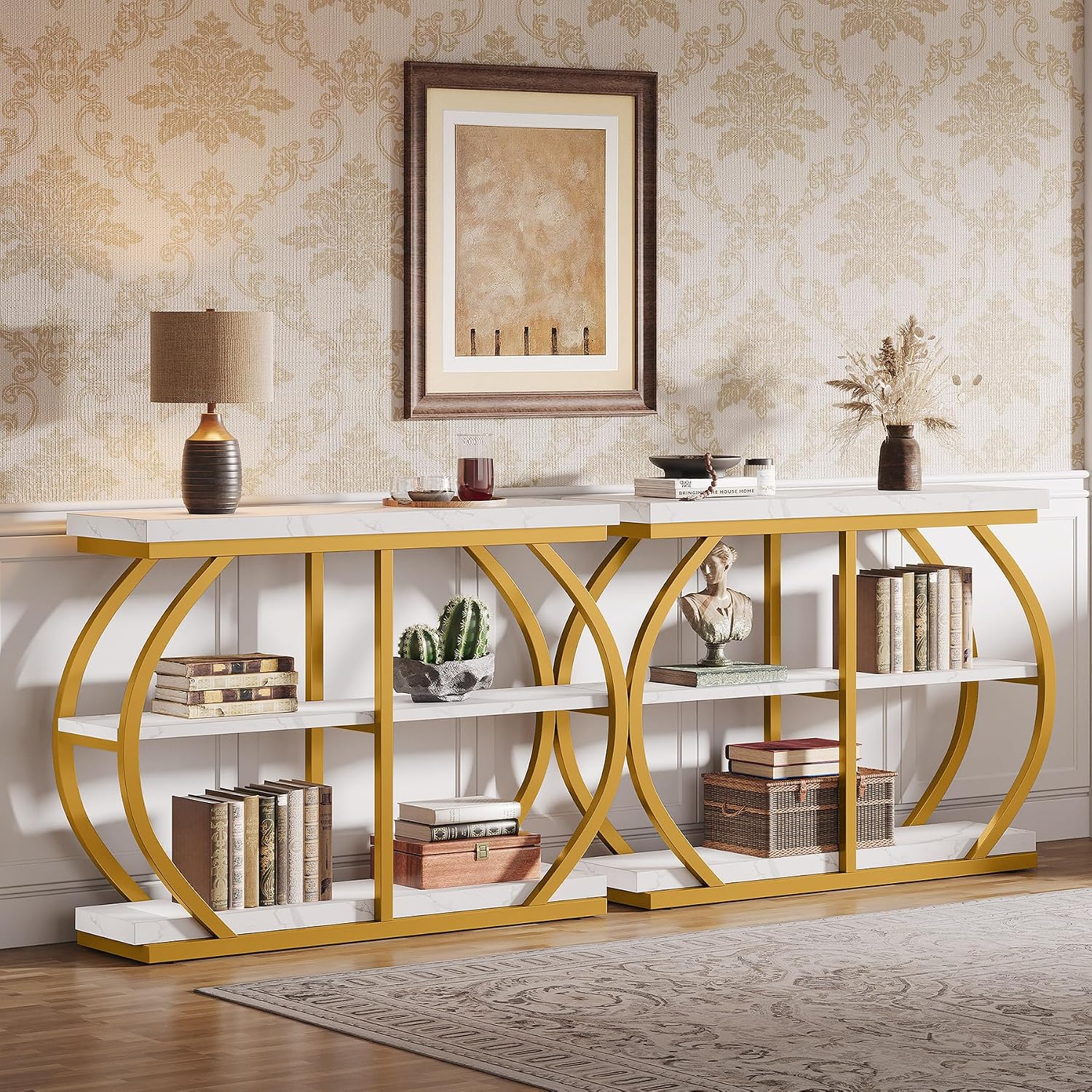 Tribesigns 41.3" Console Table, Industrial 3-Tier Entryway Table with Arched Metal Frame and Storage Shelves for Living Room, Hallway, White Gold