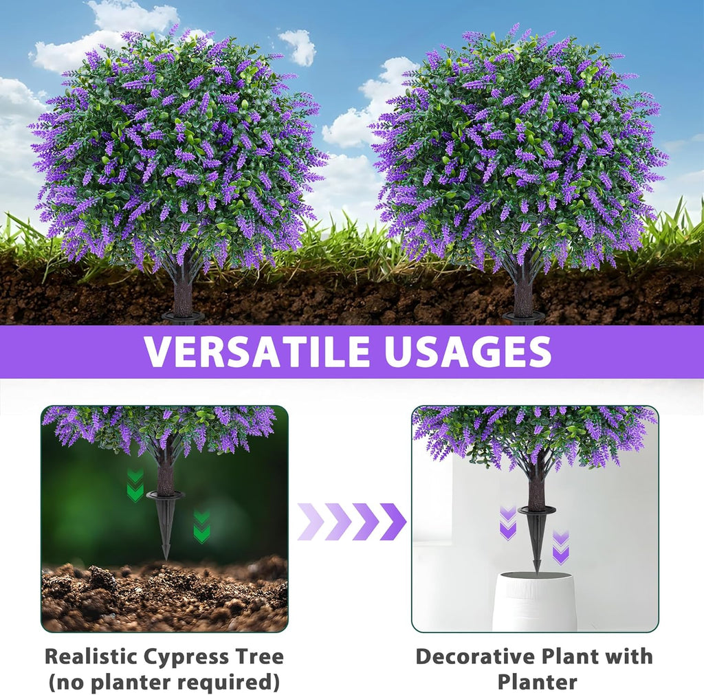 Grooy Artificial Boxwood Topiary Ball with Lavender, Set of 2 Artificial Shrub Bushes with Ground Spike, UV Resistant Fake Evergreen Plant Tree for Porch Outdoor Planters Indoor