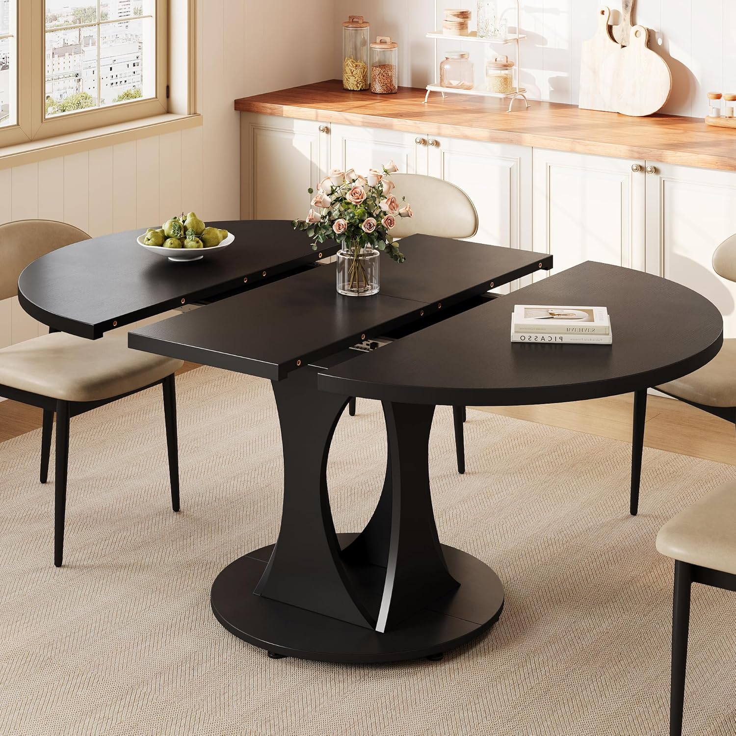 Einhomn 59" Extendable Round Dining Table for 6-8, Kitchen Table with Sturdy Double Arc Base & Backboard Clasp Desktop, Mid-Century Modern Dinner Table, Kitchen Dining Room, Space Saving, Black