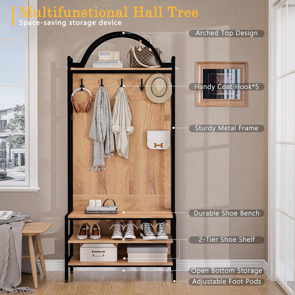76.8" Hall Tree with Bench and Shoe Storage, 6-in-1 Entryway Coat Rack with 5 Hooks, Arched Hall Tree for Entryway, Mudroom or Foyer, Metal Frame Shoe Organizer with Open Bottom Shelf, Natural