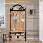 76.8" Hall Tree with Bench and Shoe Storage, 6-in-1 Entryway Coat Rack with 5 Hooks, Arched Hall Tree for Entryway, Mudroom or Foyer, Metal Frame Shoe Organizer with Open Bottom Shelf, Natural