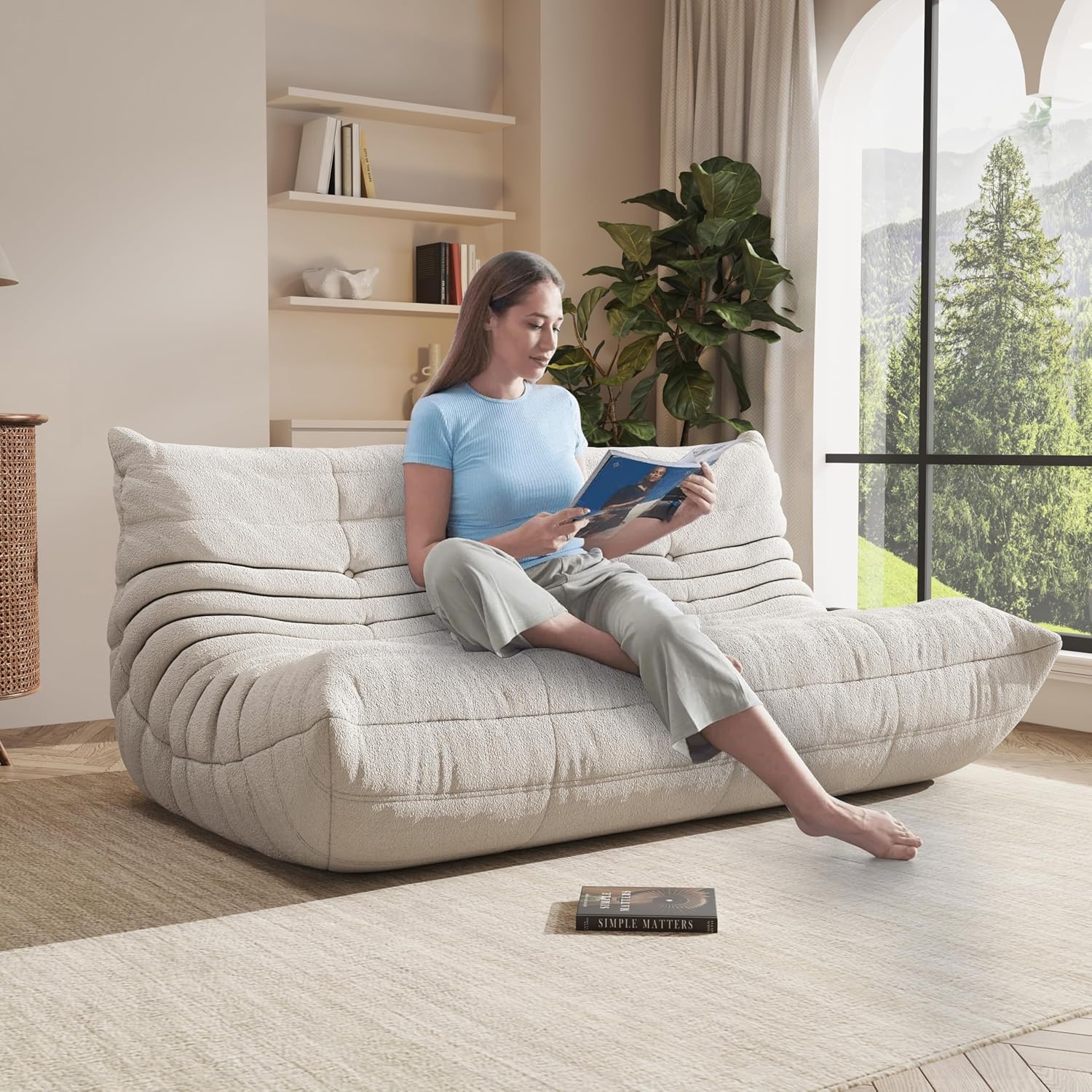 Giant Bean Bag Chair, Oversized Cloud Soft Memory Foam Bean Bag Sofa, Vacuum Compressed No Assembly Comfortable Lounge Couch for Living Room Family Rest Leisure Use (White, 3-Seater)
