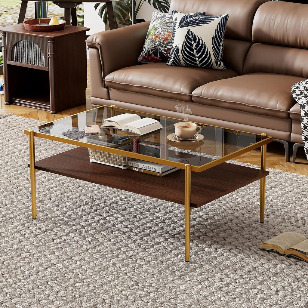 IANIYA Glass Coffee Table Modern Center Table,Small Coffee Table Sofa Side Tea Table for Living Room,Tempered Glass-top with Metal Frame