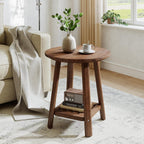Solid Wood Round Side Table, 2-Tier Small End Table with Storage Shelf, Farmhouse Nightstand for Small Spaces, Living Room, Bedroom, Walnut (1, Walnut)