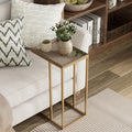 Farmhouse C Shaped End Table with Distressed Wood & Metal Woven Tray Top, Modern Slim Snack Side Table with Metal Base, Gold