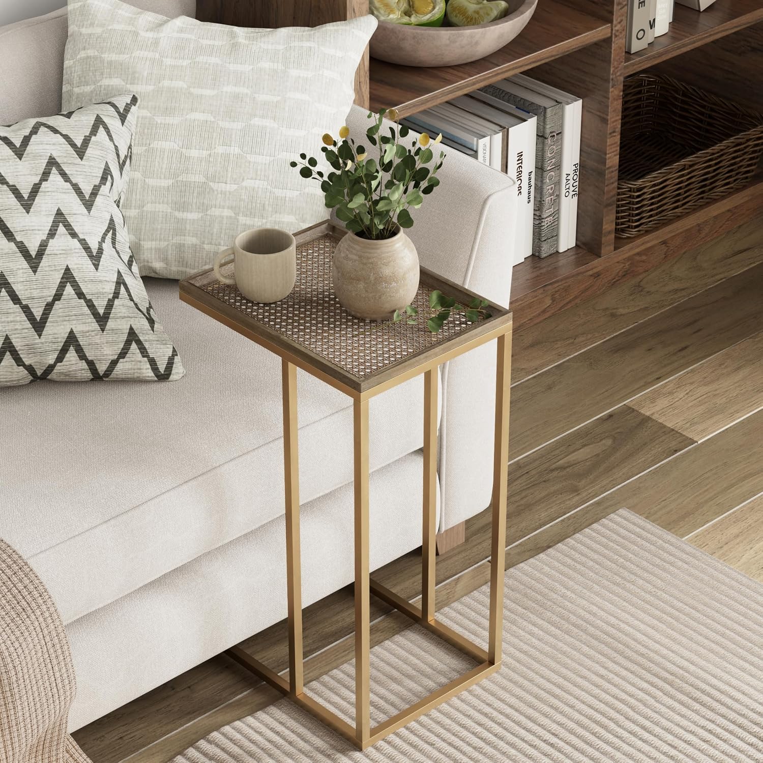 Farmhouse C Shaped End Table with Distressed Wood & Metal Woven Tray Top, Modern Slim Snack Side Table with Metal Base, Gold
