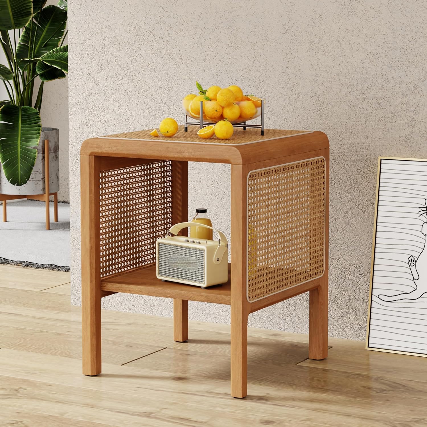 Aklaus Rattan Side Table Small End Table mid Century Living Room Wood Vintage Side Accent Table japandi Rattan Boho nightstand