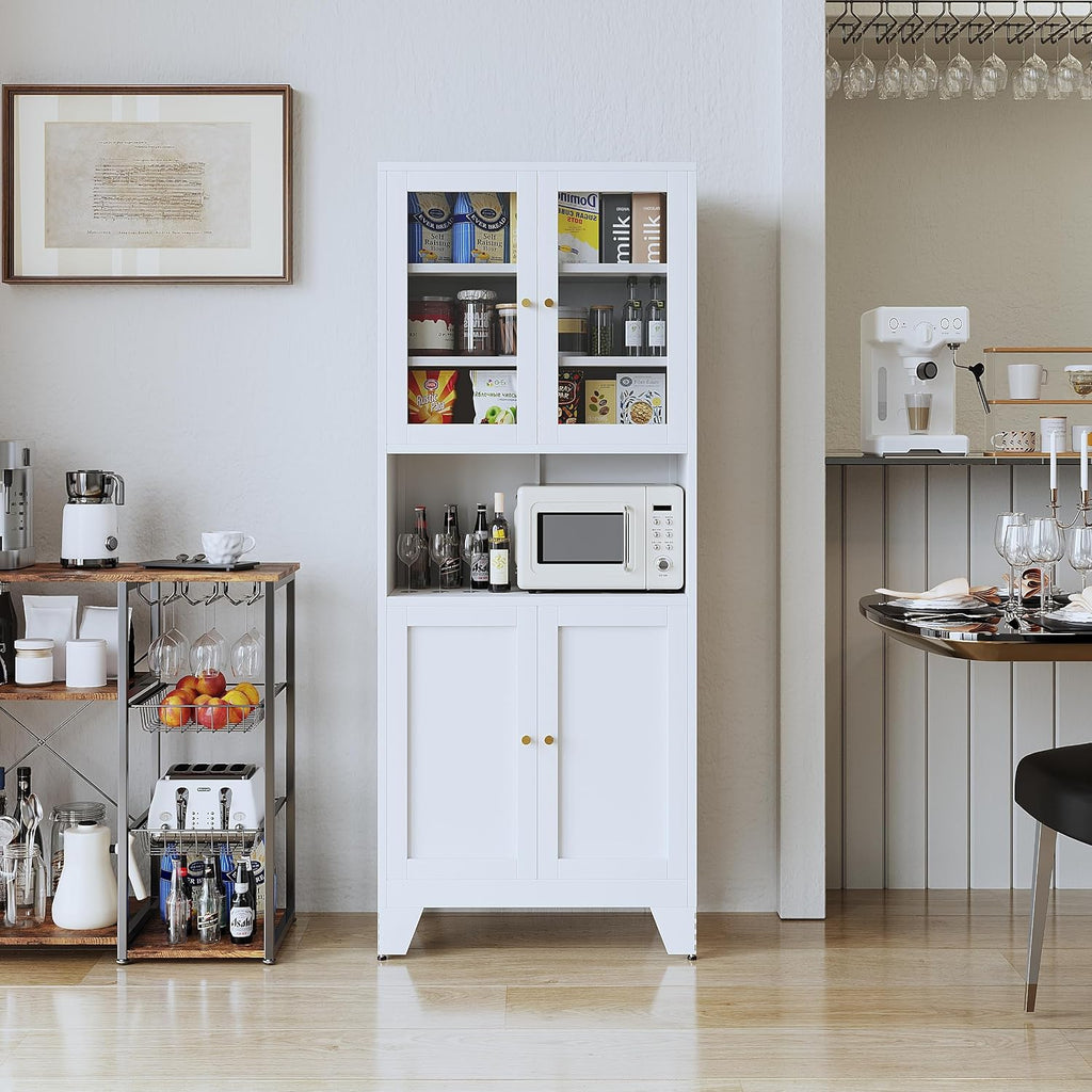 69" Tall Metal Pantry Cabinet with Microwave Stand,Microwave Storage Cabinet with 4 Doors & 3 Adjustable Shelves for Kitchen (4 Glass Doors-White, 13.78" D x 27.54" W x 68.9" H)