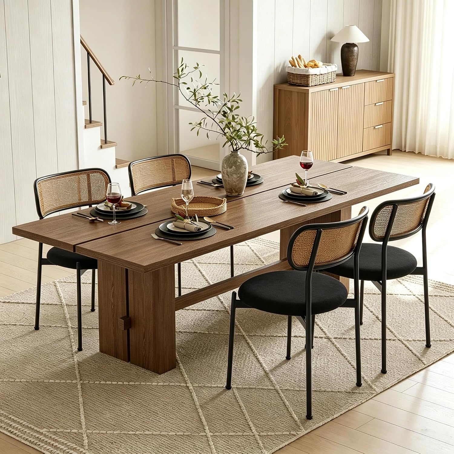 Rattan Dining Chairs Set of 2, Velvet Mid-Century Modern Upholstered Dining Chairs with Woven Cane Backrest, Black Kitchen Dining Room Chairs